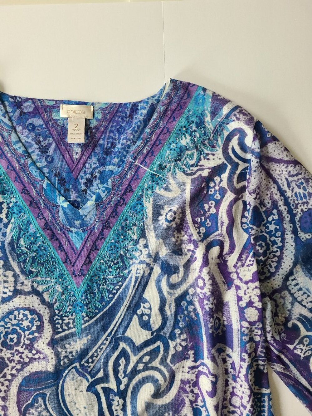 Chico's T-shirt 2 / L Blue Purple Colorful LS Sheer Sleeve Casual Boho Artsy